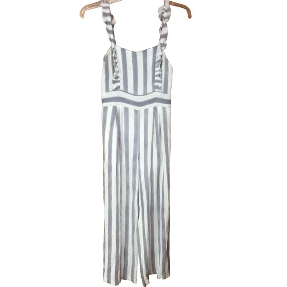 know one cares White & Blue/Gray Striped Ruffle Apron Top Boho Jumper Size Med. - Picture 2 of 6